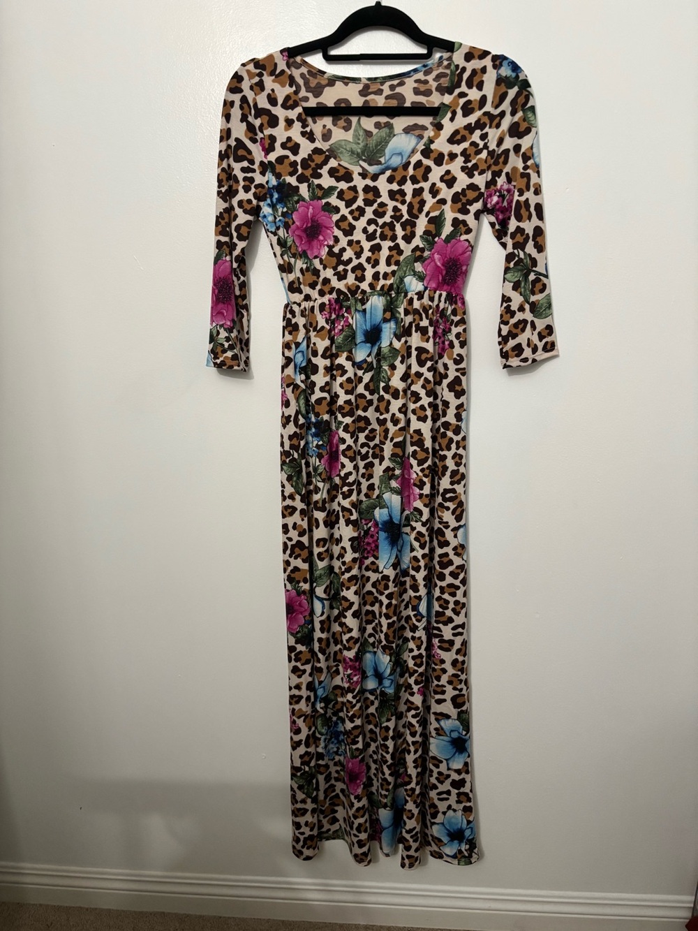 Floral Leopard Maxi Dress in Beige with Pink & Blue Flowers